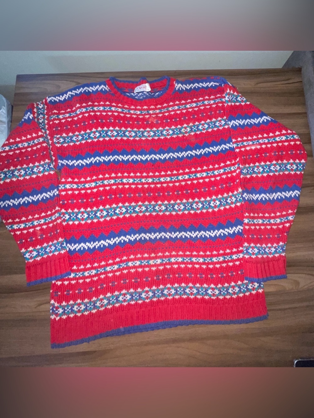 Vintage Orvis Red Crewneck Fair Isle Sweater with Blue, White & Green Accents M